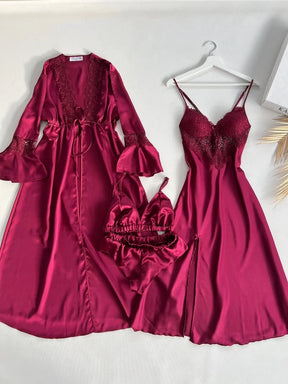 SATIN SILK NIGHTY SET OF 4 WITH CLARET RED GUIPURE DETAIL