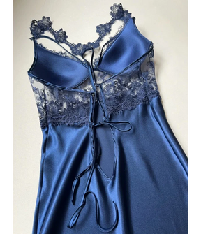 BLUE 6 PCS LONG SLIT SILK NIGHTY SET