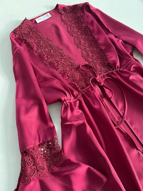 SATIN SILK NIGHTY SET OF 4 WITH CLARET RED GUIPURE DETAIL