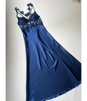 BLUE 6 PCS LONG SLIT SILK NIGHTY SET