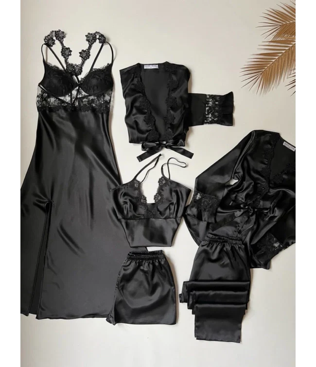 BLACK 6 PCS LONG SLIT SILK NIGHTY SET