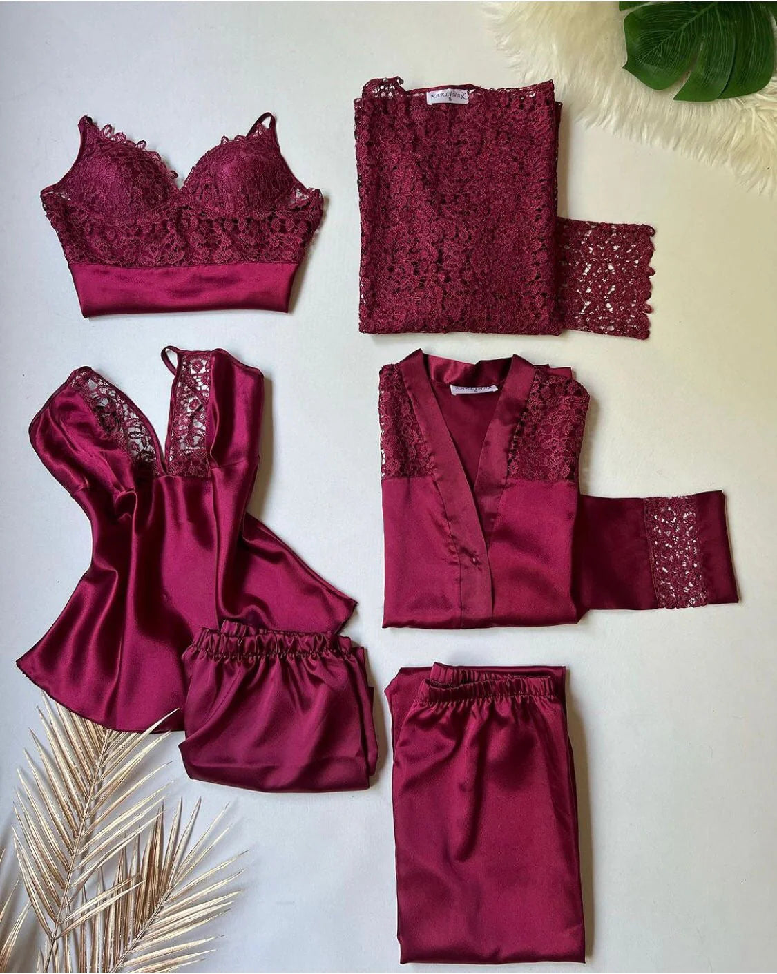 LACE DETAILED 6-PIECE SATIN NIGHTGOWN DRESSING GOWN NIGHTY SET MAROON