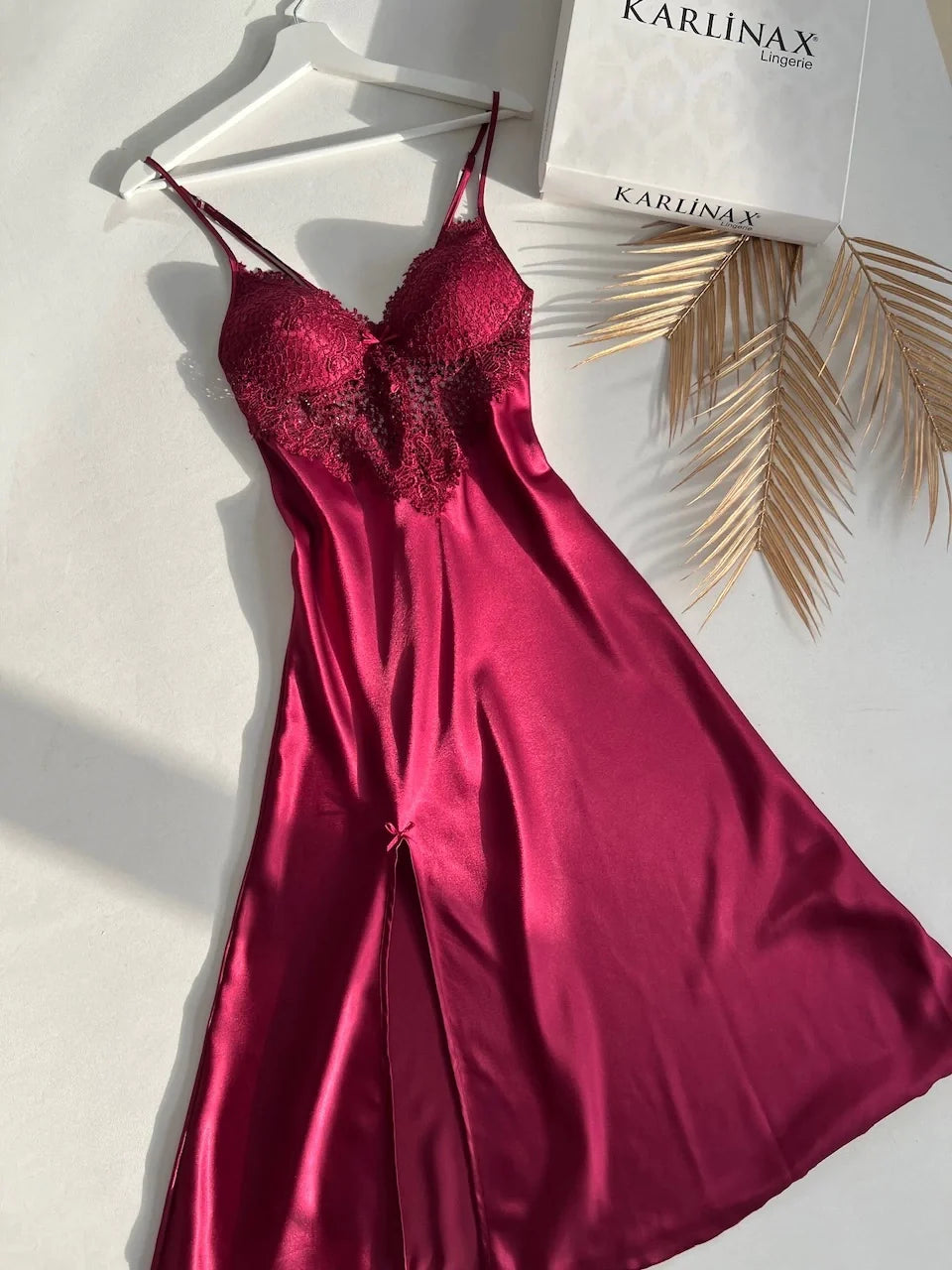 SATIN SILK NIGHTY SET OF 4 WITH CLARET RED GUIPURE DETAIL