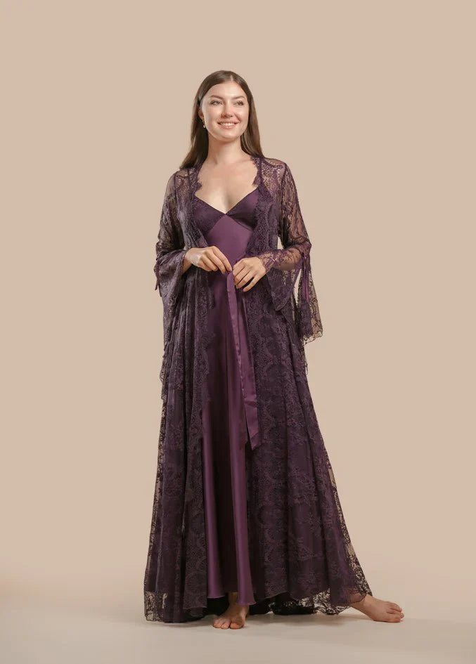 LONG SATIN & LACE NIGHTDRESS & ROBE SET