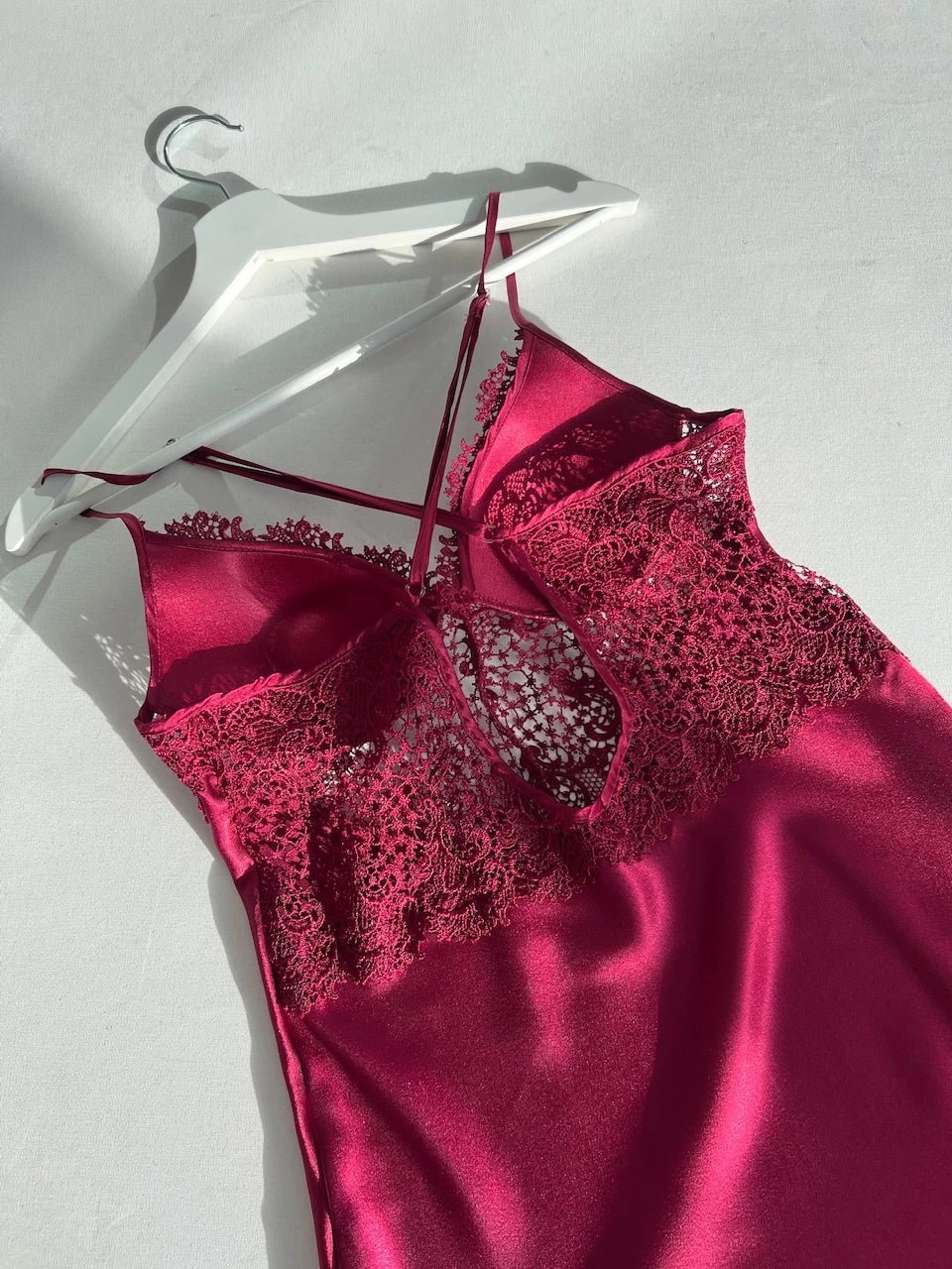 SATIN SILK NIGHTY SET OF 4 WITH CLARET RED GUIPURE DETAIL