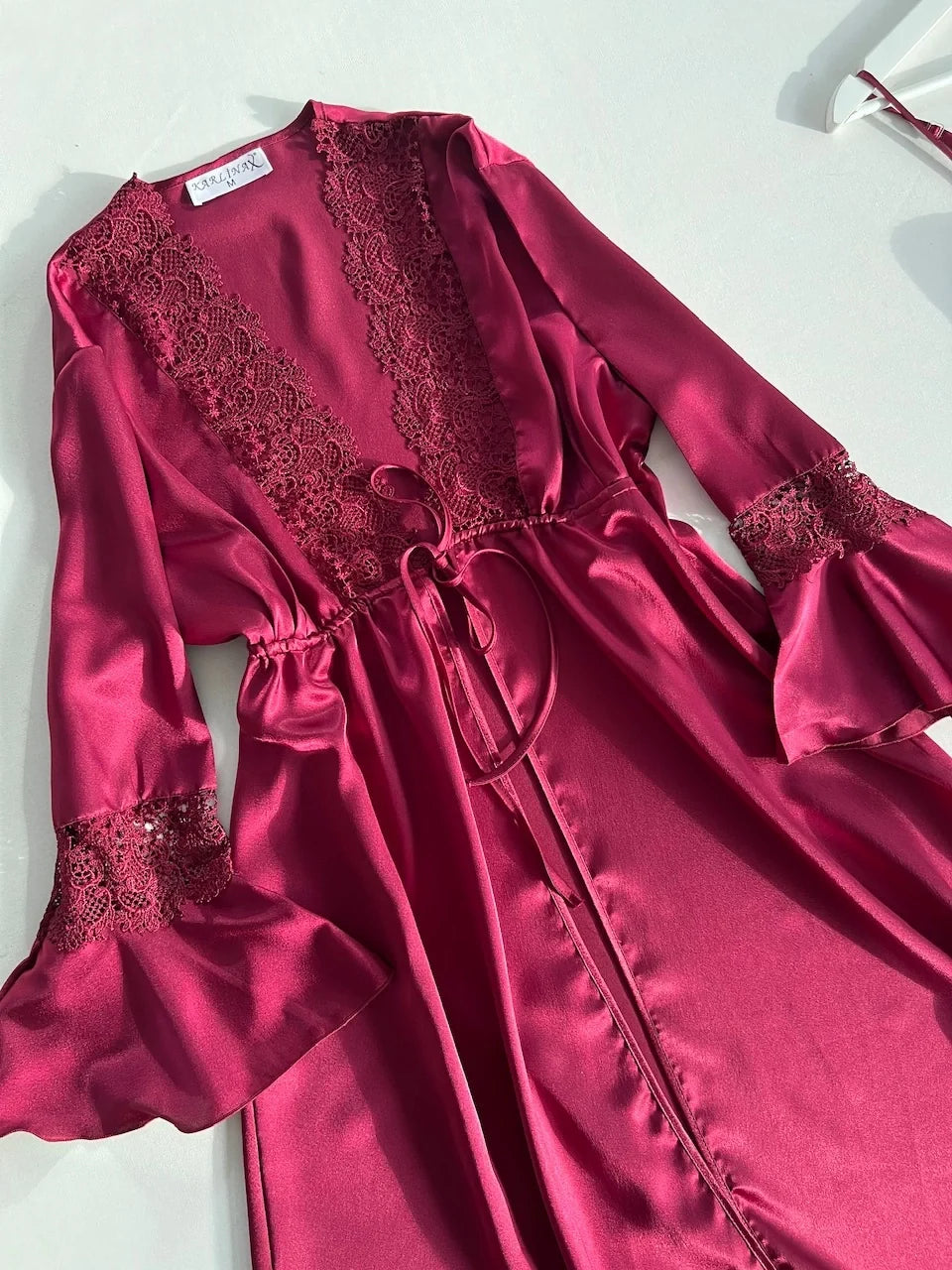 SATIN SILK NIGHTY SET OF 4 WITH CLARET RED GUIPURE DETAIL