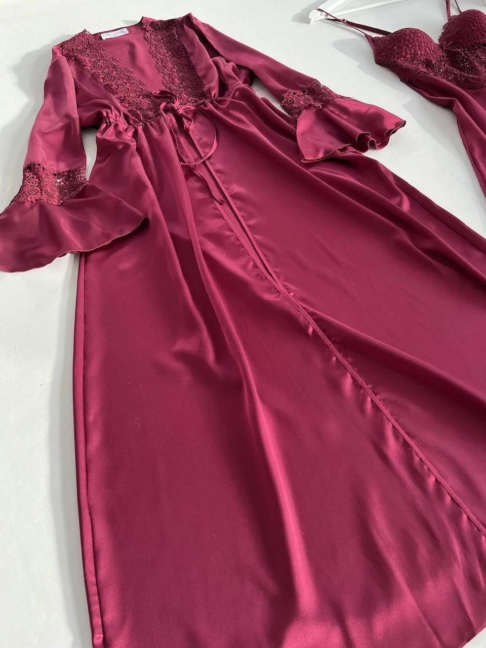 SATIN SILK NIGHTY SET OF 4 WITH CLARET RED GUIPURE DETAIL