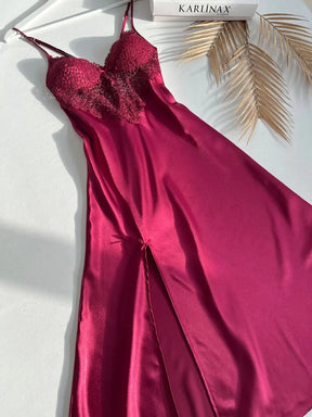 SATIN SILK NIGHTY SET OF 4 WITH CLARET RED GUIPURE DETAIL