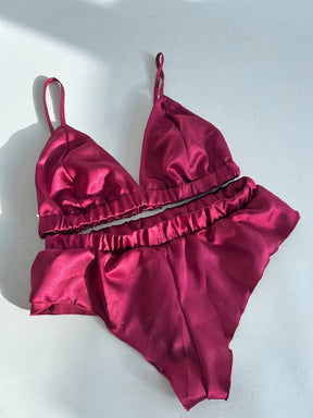 SATIN SILK NIGHTY SET OF 4 WITH CLARET RED GUIPURE DETAIL