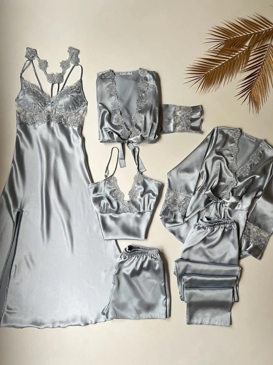 GREY 6 PCS LONG SLIT SILK NIGHTY SET