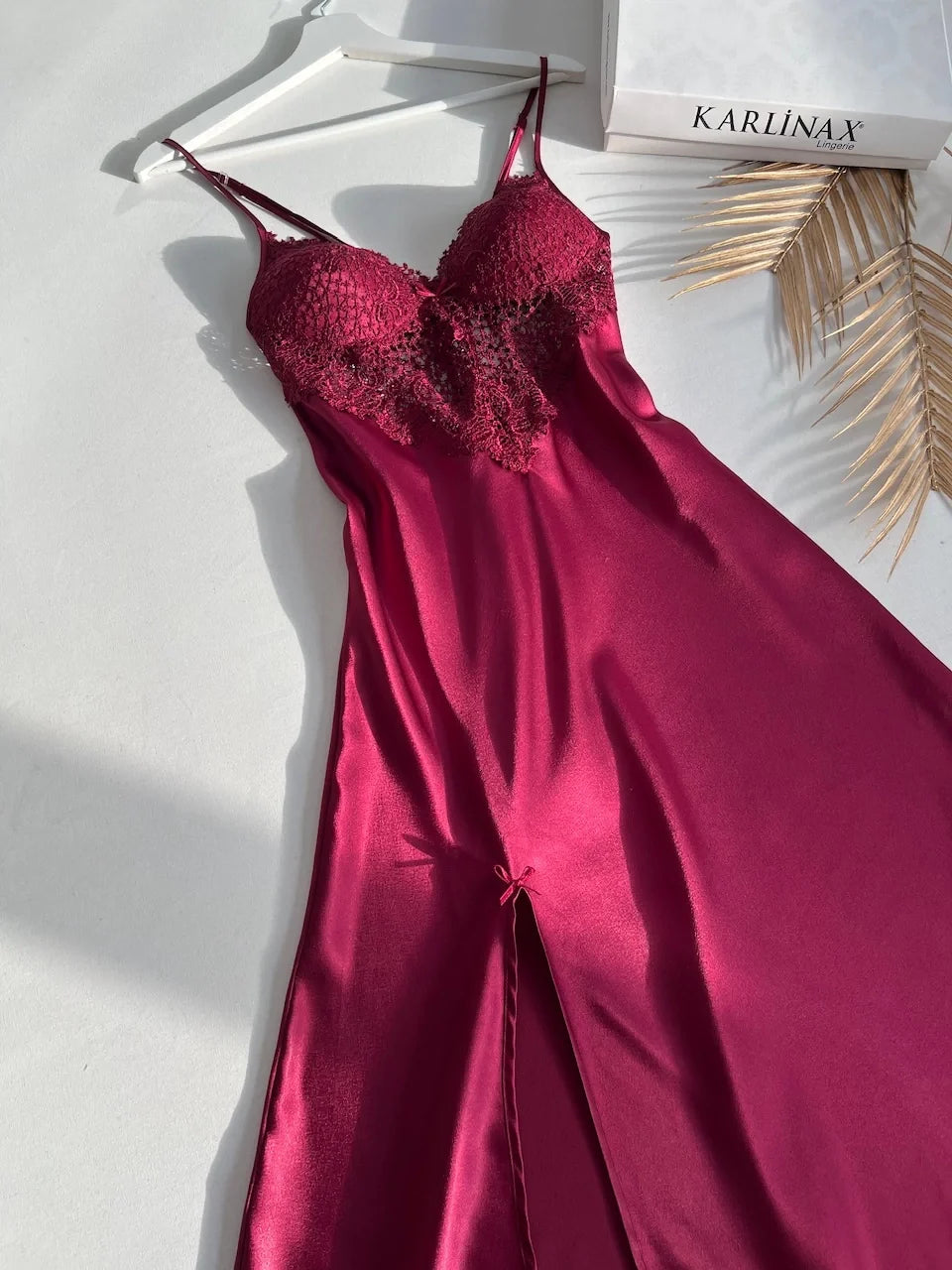 SATIN SILK NIGHTY SET OF 4 WITH CLARET RED GUIPURE DETAIL