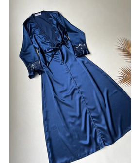 BLUE 6 PCS LONG SLIT SILK NIGHTY SET