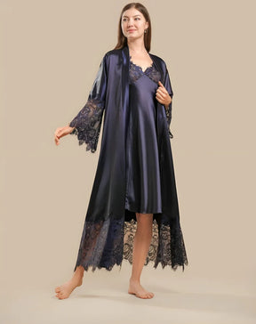 LONG SATIN & LACE NIGHTDRESS & ROBE SET - NAVY BLUE