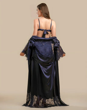 LONG SATIN & LACE NIGHTDRESS & ROBE SET - NAVY BLUE