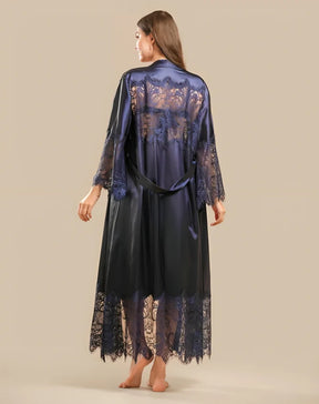 LONG SATIN & LACE NIGHTDRESS & ROBE SET - NAVY BLUE