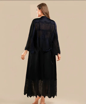 LONG SATIN & LACE NIGHTDRESS & ROBE SET - NAVY BLUE