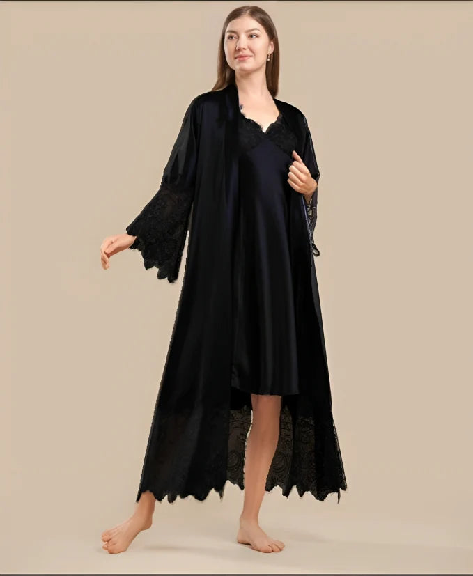 LONG SATIN & LACE NIGHTDRESS & ROBE SET - BLACK