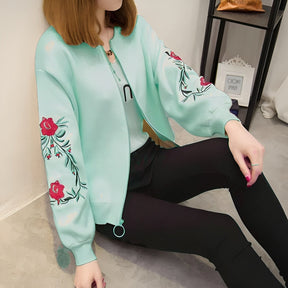 Sky Green Embroidered Floral Detail Zip Up Bomber Jacket For Women