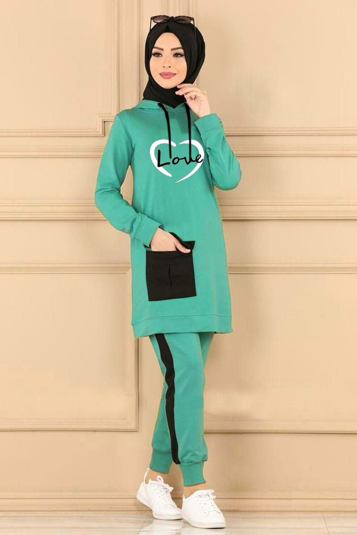 Love Printed Sea Green Winter Pocket Fleece Tracksuit For Women