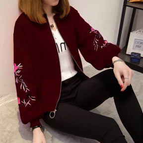 Maroon Embroidered Floral Detail Zip Up Bomber Jacket For Women