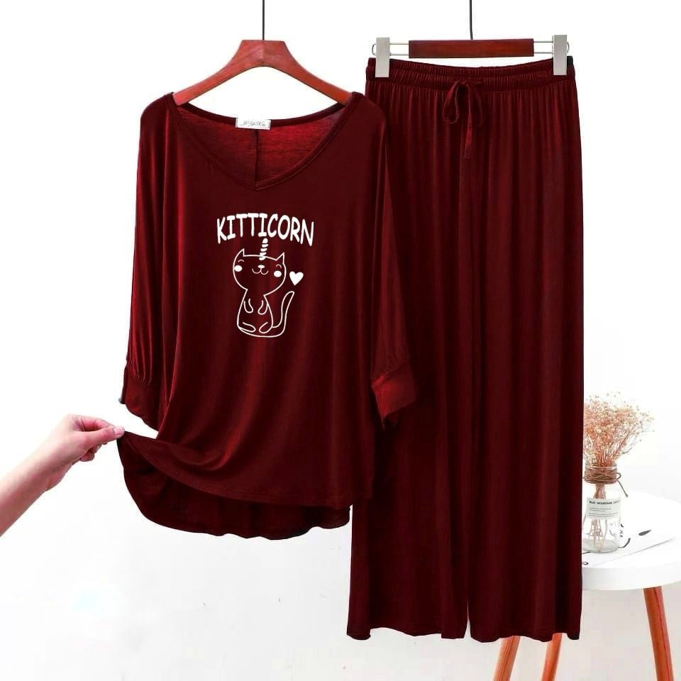 Maroon V-Neck Kitton Printed Lounge Wear