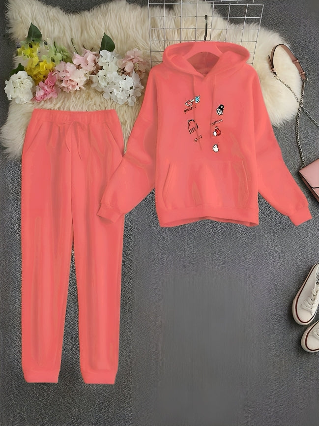 Peach Fashion Printed Ladies Hooded Style Winter Fleece Tracksuit