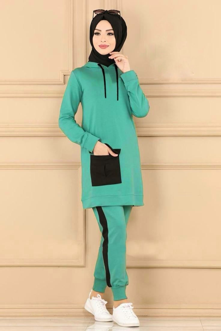 Sea Green Winter Pocket Fleece Tracksuit For Women