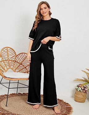 Black Slit Short Sleeve with Palazzo For Women PJ Set