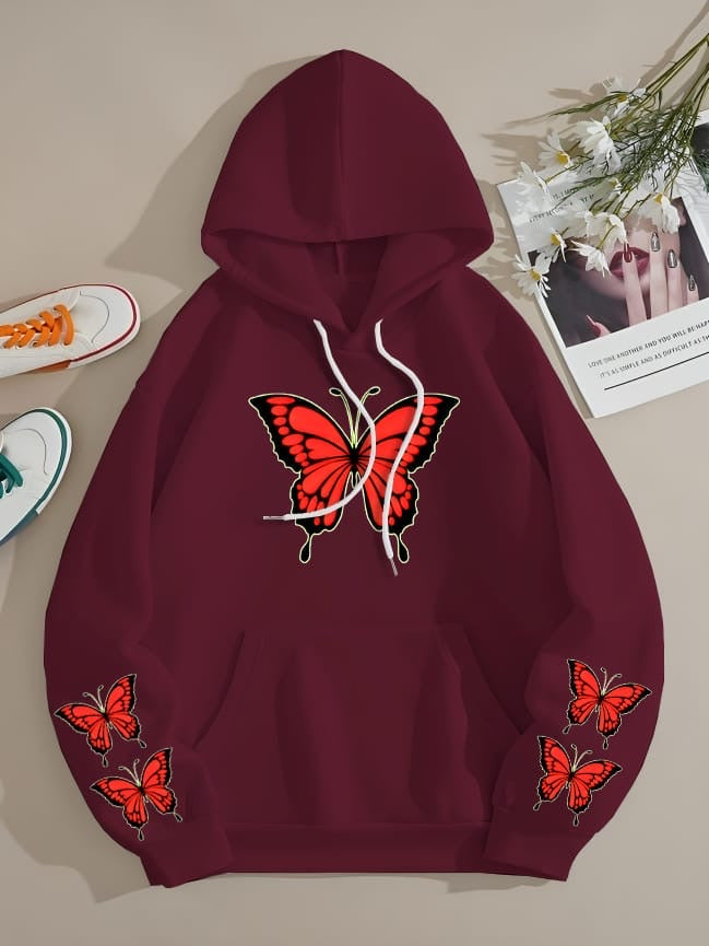 WINTER RED BUTTERFLY PRINTED FLEECE HOODIE