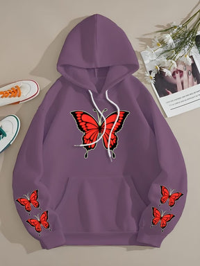 WINTER RED BUTTERFLY PRINTED FLEECE HOODIE