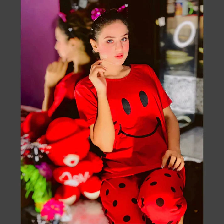 Red Smile with Dotted Style Pajama Half Sleeves Night Suit for her