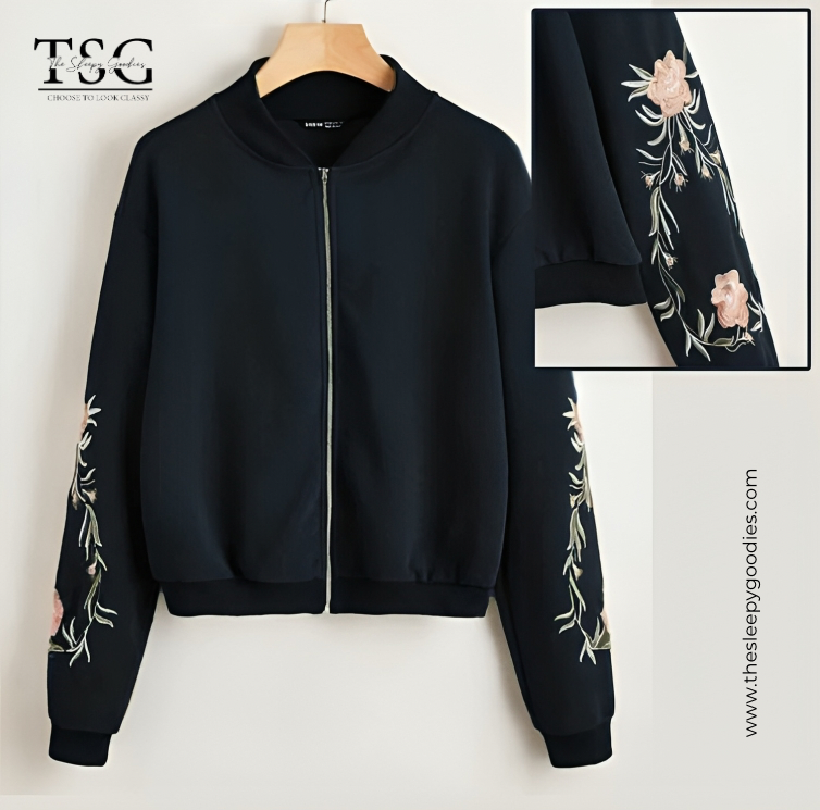 Navy Blue Embroidered Floral Detail Zip Up Bomber Jacket For Women