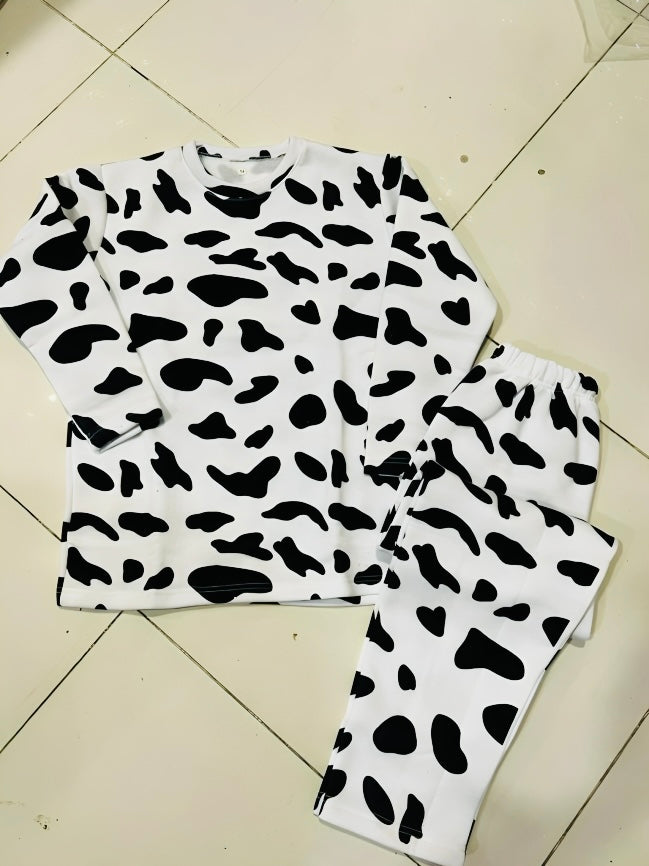 White Cow Print Fleece Casual Wear Set