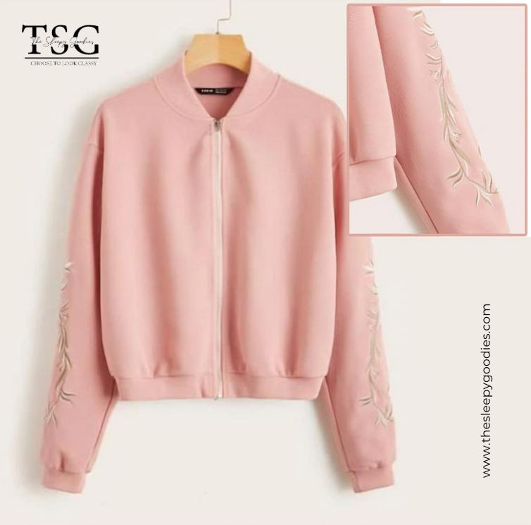 Pink Embroidered Floral Detail Zip Up Bomber Jacket For Women