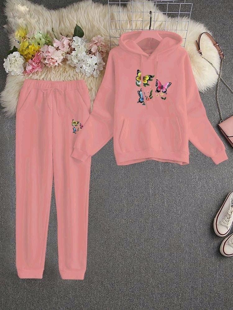 Multi Butterflies Pink Ladies Hooded Style Winter Fleece Tracksuit