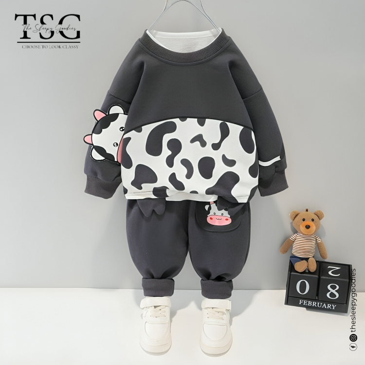 GREY WHITE COW PRINTED KIDS TRACKSUIT