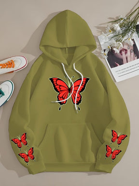 WINTER RED BUTTERFLY PRINTED FLEECE HOODIE