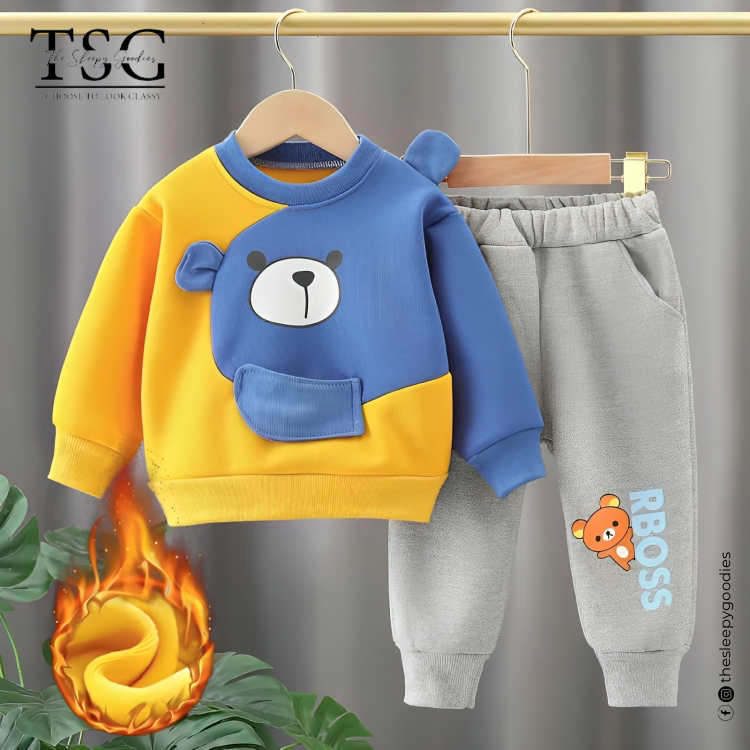 YELLOW & BLUE CONTRAST PANDA PRINTED KIDS TRACKSUIT