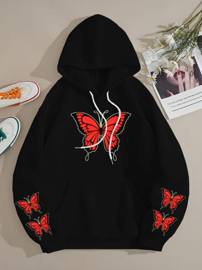 WINTER RED BUTTERFLY PRINTED FLEECE HOODIE