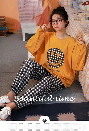 Yellow Donut With Check Style Pajama Printed Night Suit