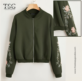 Dark Green Embroidered Floral Detail Zip Up Bomber Jacket For Women