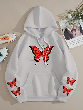 WINTER RED BUTTERFLY PRINTED FLEECE HOODIE