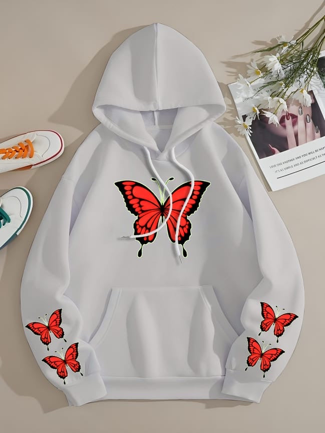 WINTER RED BUTTERFLY PRINTED FLEECE HOODIE