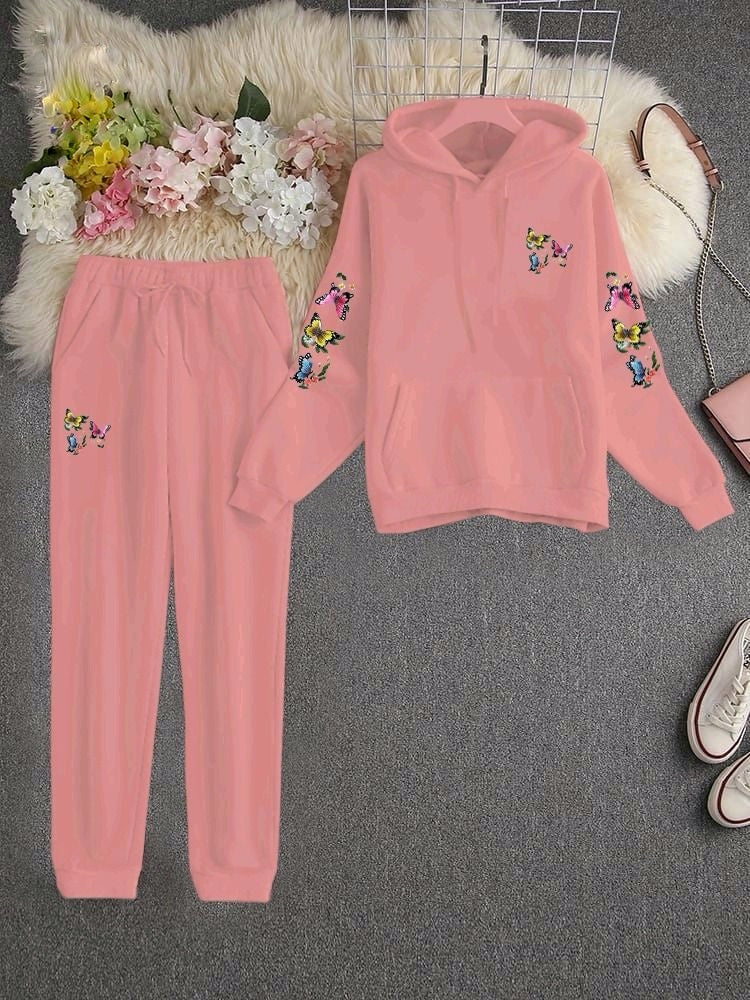 Multi Butterflies Pink Ladies Hooded Style Winter Fleece Tracksuit