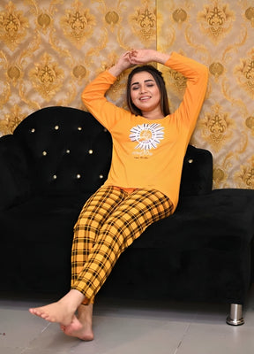 Yellow Flower Check Sleeping Wear Pajama