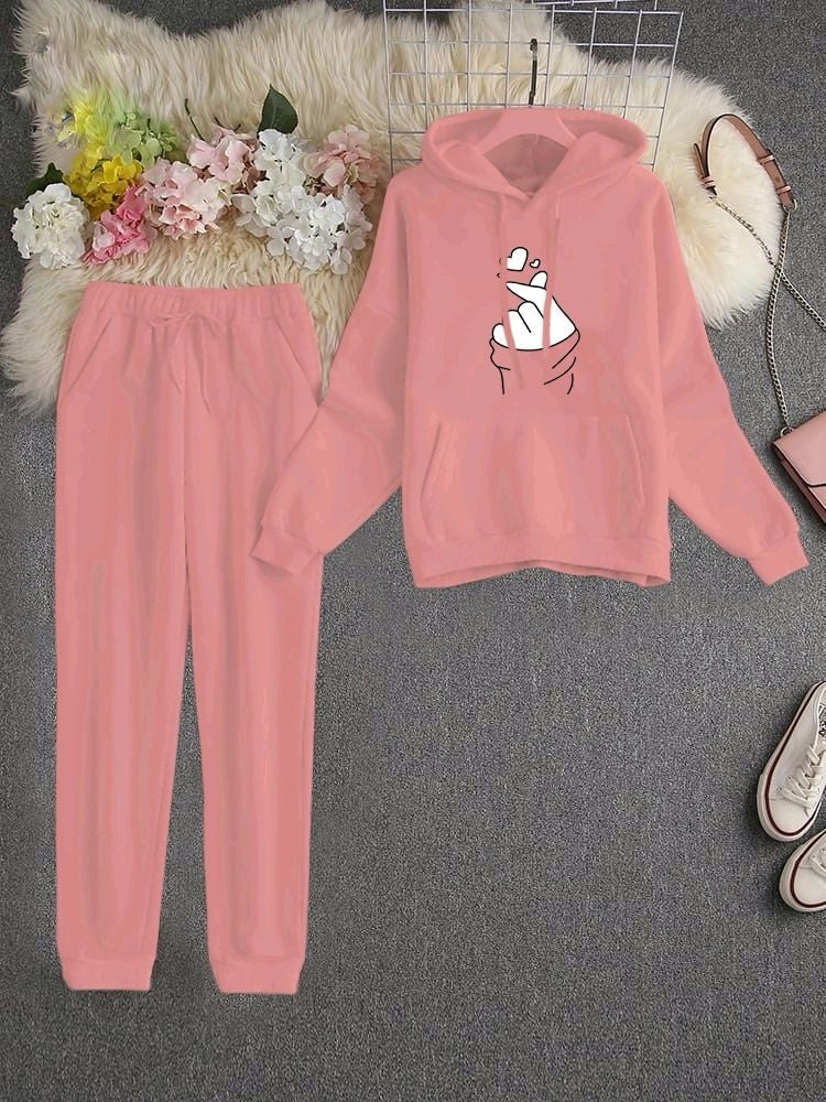 Pink Love Charm Ladies Hooded Style Winter Fleece Tracksuit