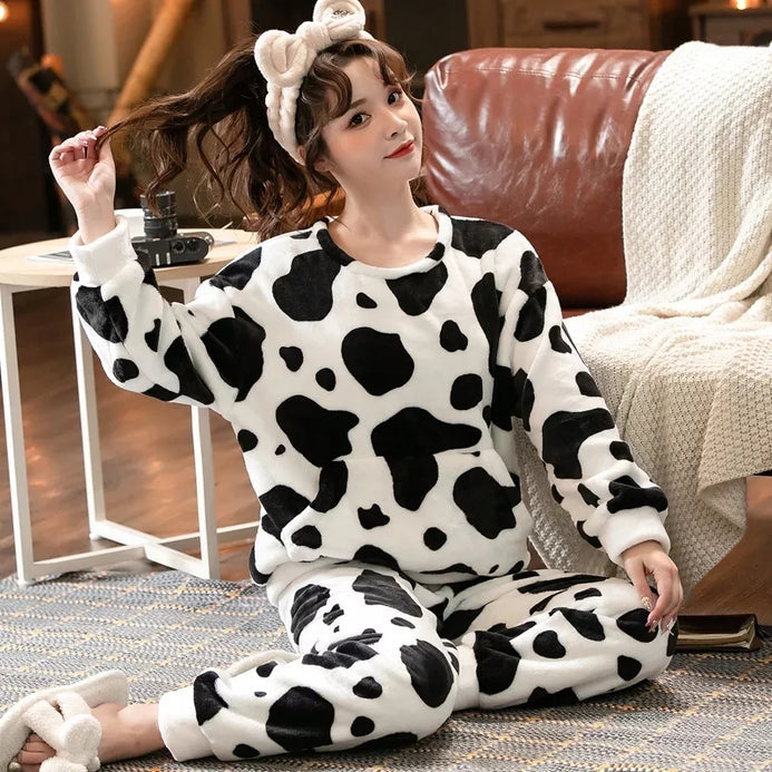 White Cow Print Fleece Casual Wear Set