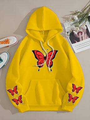 WINTER RED BUTTERFLY PRINTED FLEECE HOODIE