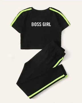 Boss Girl Printed Black With Green Stripe Panel Tracksuit for Women