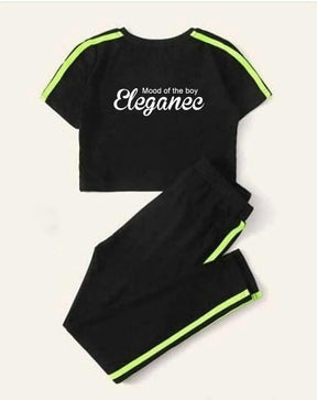 Elegance Printed Black With Green Stripe Panel Tracksuit for Women